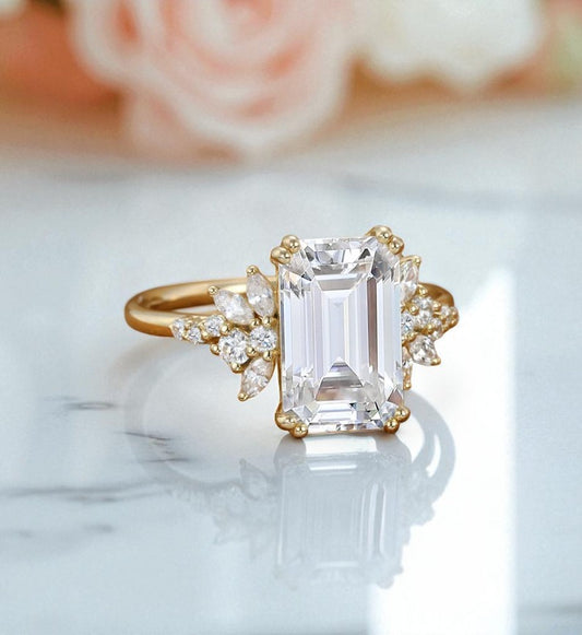 3.5ct Emerald Cut Lab Grown Diamond Engagement Ring • Vintage Yellow Gold Cluster Bridal Ring