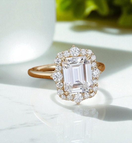 3CT Emerald Cut Lab Grown Diamond Engagement Ring • Vintage Yellow Gold Halo Ring