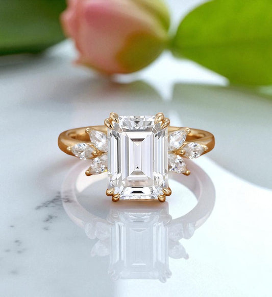3.0ct Emerald Cut Lab Grown Diamond Engagement Ring • Vintage Cluster Bridal Ring