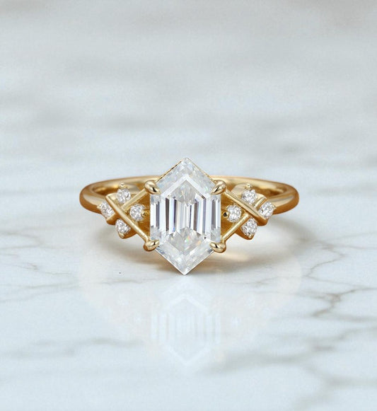 Lab Grown Diamond Hexagon Engagement Ring • Vintage Yellow Gold Cluster Bridal Ring