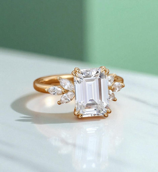 3.0ct Emerald Cut Lab Grown Diamond Engagement Ring • Vintage Cluster Bridal Ring