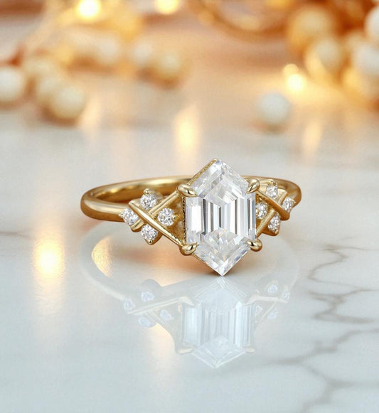 Lab Grown Diamond Hexagon Engagement Ring • Vintage Yellow Gold Cluster Bridal Ring