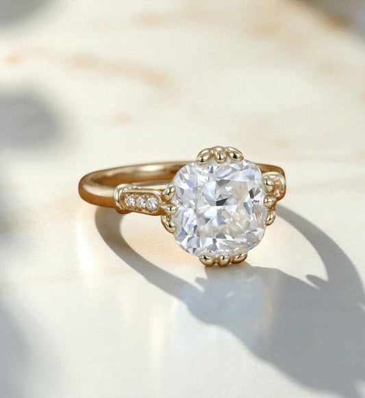 Lab Grown Cushion Cut Moissanite Engagement Ring • Vintage Yellow Gold Bridal Ring