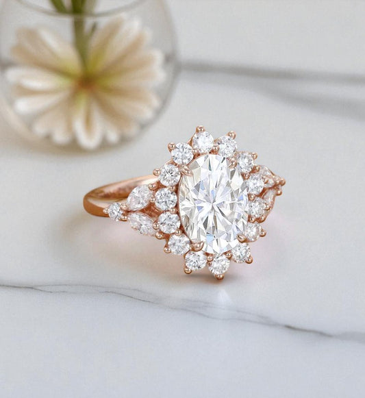 3CT Oval Lab Grown Diamond Cluster Engagement Ring • Vintage Rose Gold Art Deco Bridal Ring