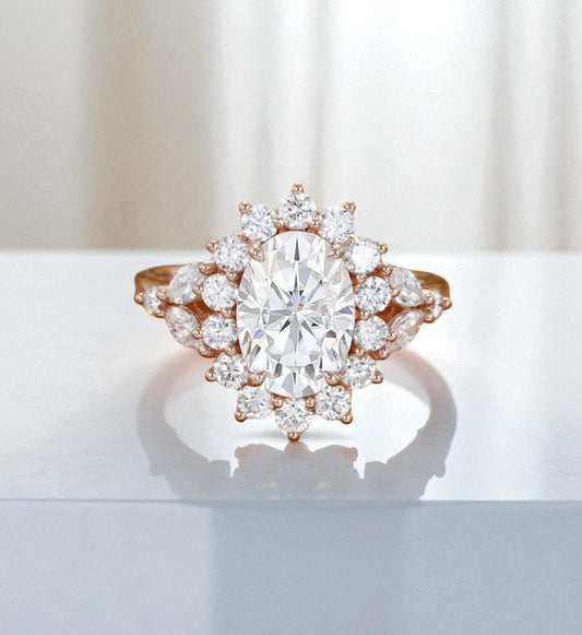 3CT Oval Lab Grown Diamond Cluster Engagement Ring • Vintage Rose Gold Art Deco Bridal Ring