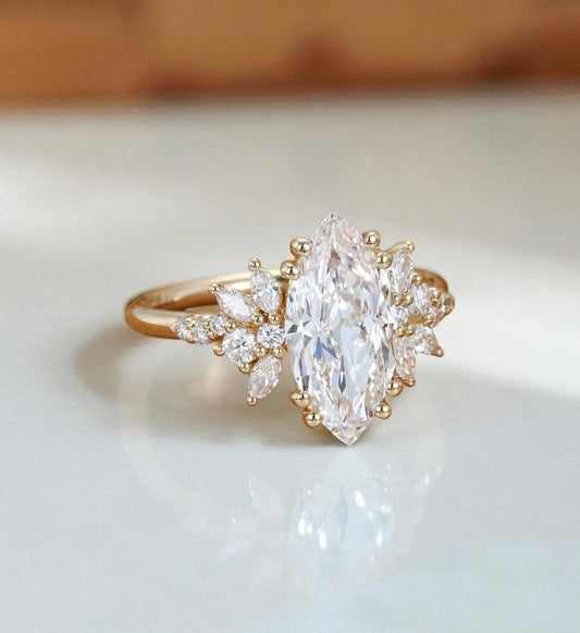 1.50ct Marquise Cut Lab Grown Cluster Engagement Ring • Vintage Art Deco Promise Ring