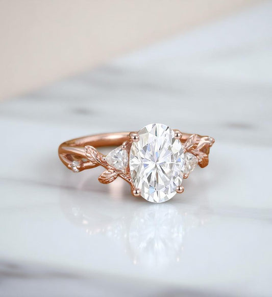 2.5 ct Oval Lab Grown Diamond Engagement Ring • Nature-Inspired Leaf Rose Gold Ring