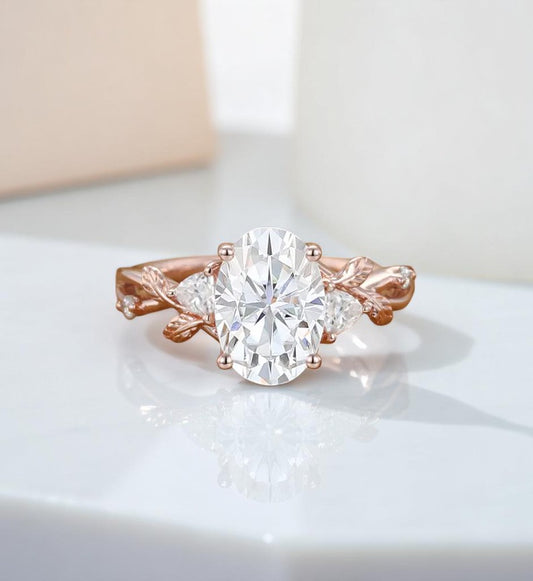 2.5 ct Oval Lab Grown Diamond Engagement Ring • Nature-Inspired Leaf Rose Gold Ring