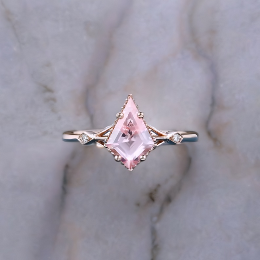 1.35ct Kite Cut Lab Pink Sapphire Engagement Ring • Three Stone Rose Gold Ring
