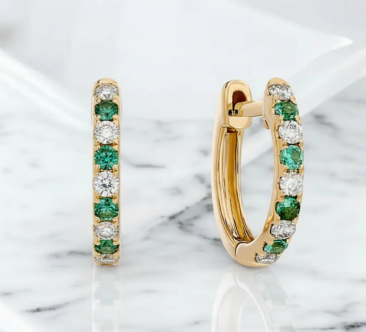 Alternating Lab-Grown Diamond & Emerald Petite Hoop Earrings