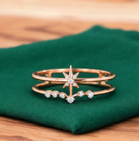 14K Gold Starburst Lab Diamond Double‑Band Ring