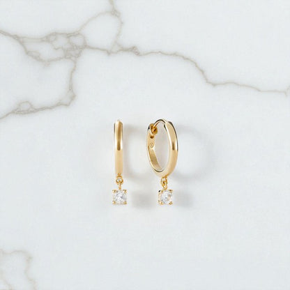 Round Cut Lab Grown Diamond Hoop Earrings • Gold Minimalist Drop Hoops