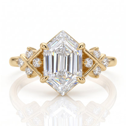Lab Grown Diamond Hexagon Engagement Ring • Vintage Yellow Gold Cluster Bridal Ring