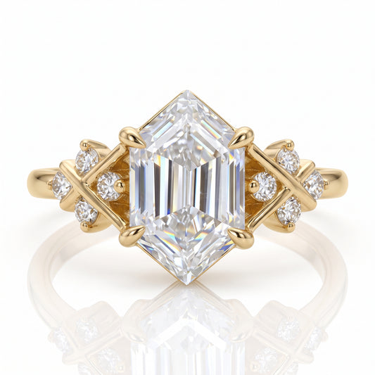 Lab Grown Diamond Hexagon Engagement Ring • Vintage Yellow Gold Cluster Bridal Ring