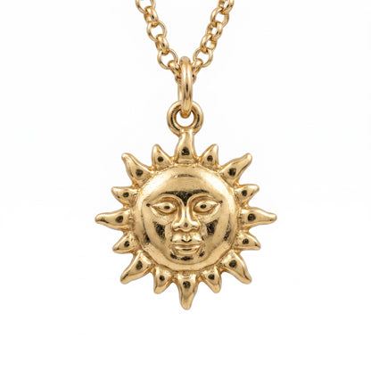14k Gold Celestial Sun Face Pendant Necklace