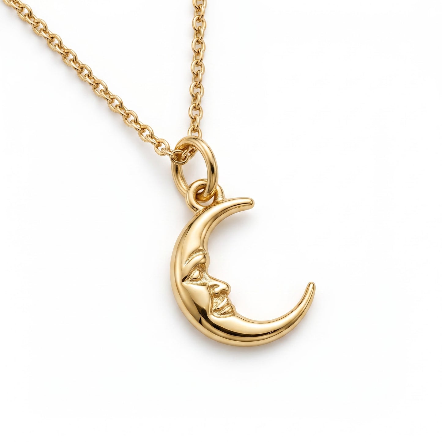Crescent Moon Face Pendant Necklace, 14K Solid Gold