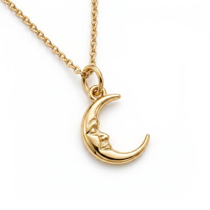 Crescent Moon Face Pendant Necklace, 14K Solid Gold