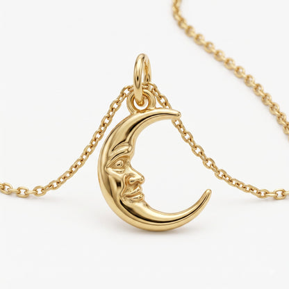 Crescent Moon Face Pendant Necklace, 14K Solid Gold