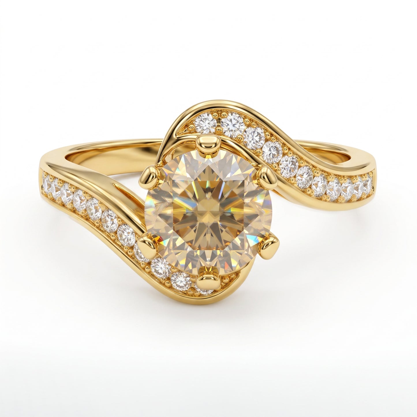 1.100ct Round Cut Lab Grown Champagne Diamond Engagement Twisted Pave Ring