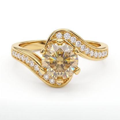 1.100ct Round Cut Lab Grown Champagne Diamond Engagement Twisted Pave Ring
