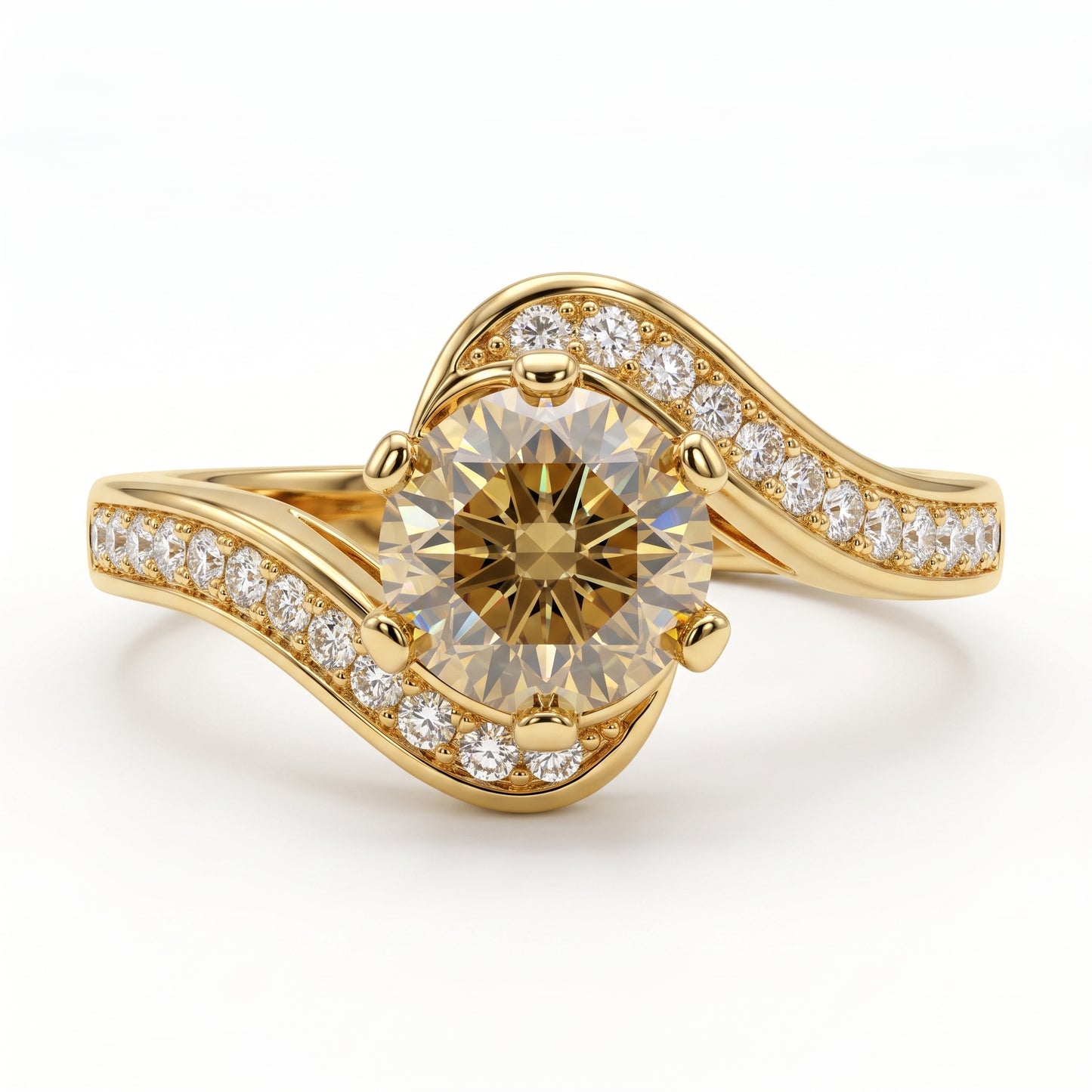 1.100ct Round Cut Lab Grown Champagne Diamond Engagement Twisted Pave Ring