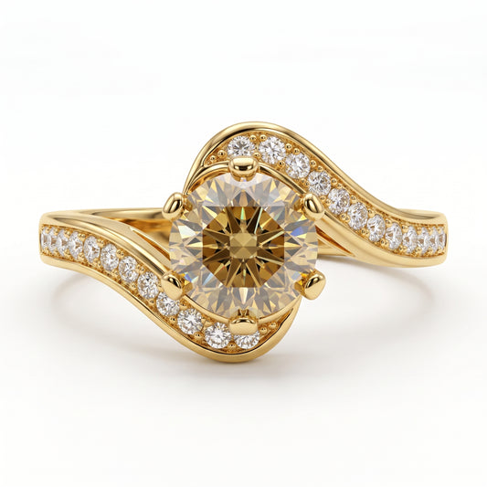 1.100ct Round Cut Lab Grown Champagne Diamond Engagement Twisted Pave Ring