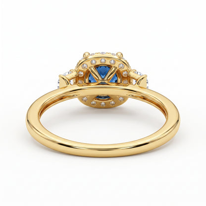 1.500 CT Round Cut Halo Blue Sapphire Lab Grown Diamond Engagement Ring