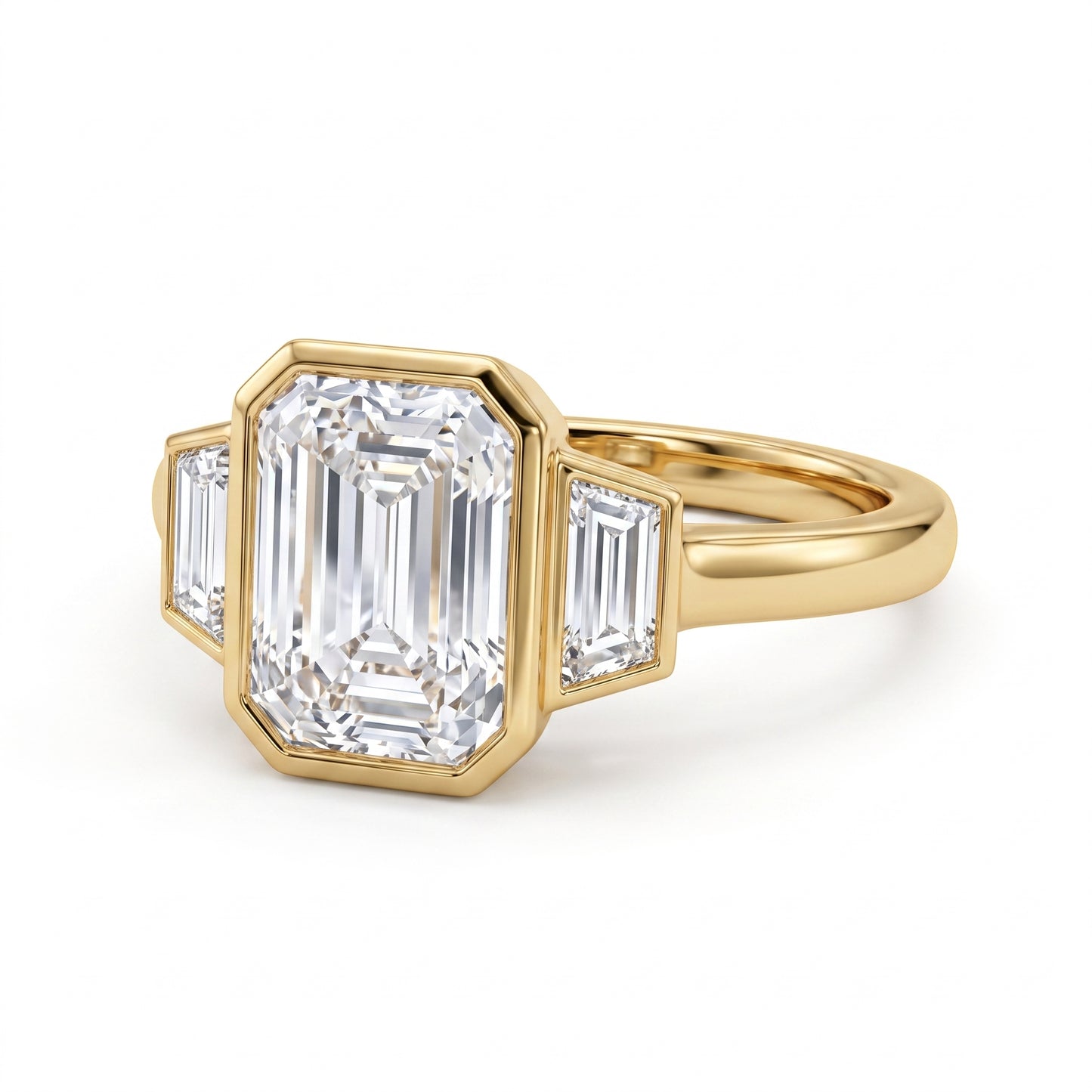 2.06 CT Emerald Cut Lab Grown Diamond Bezel Set Three Stone Engagement Ring