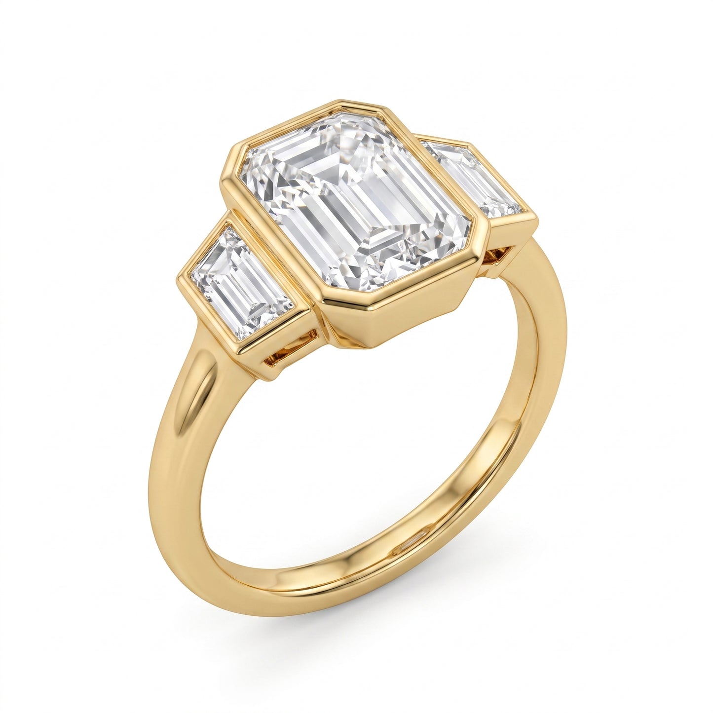 2.06 CT Emerald Cut Lab Grown Diamond Bezel Set Three Stone Engagement Ring