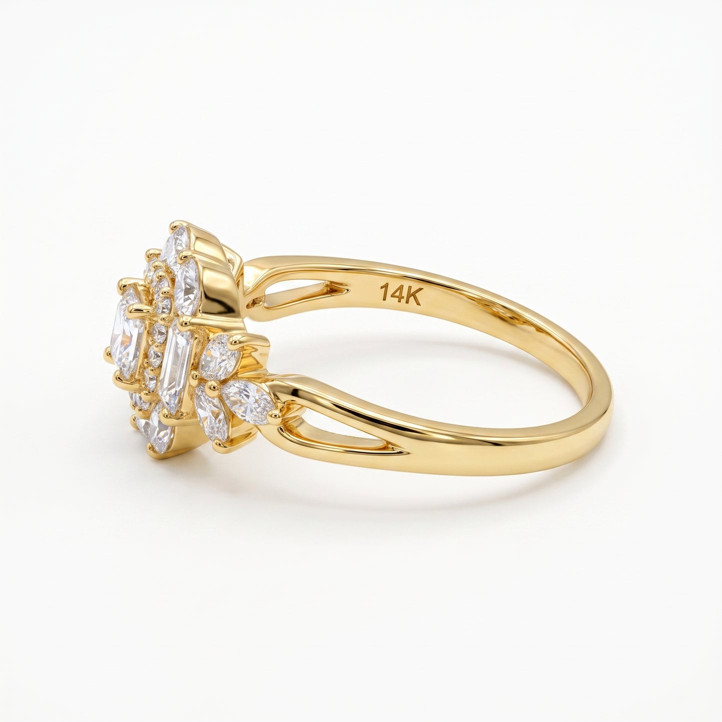 1.20 CT Princess Cut Lab Grown Diamond Floral Halo Engagement Ring, 14K Gold