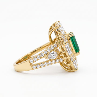 4.30 CT Emerald Cut Emerald Floral Halo Engagement Ring in Gold