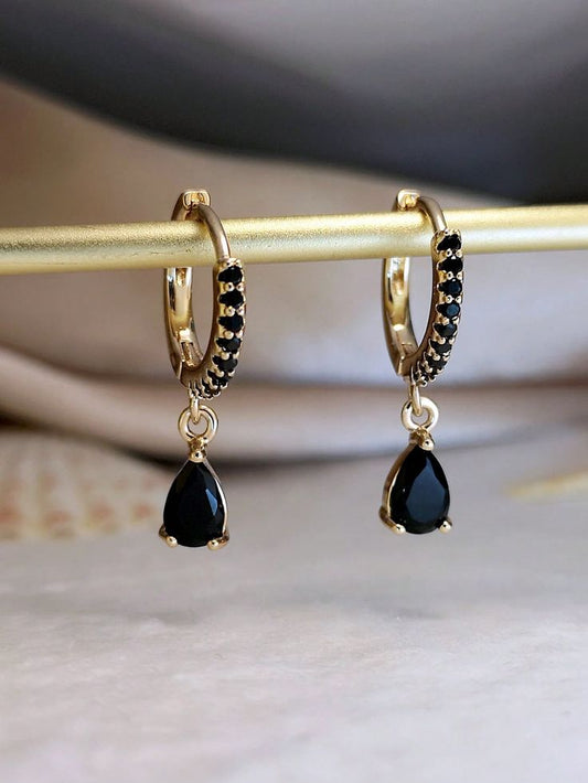 Black Lab Grown Diamond Hoop Earrings • 14K Yellow Gold Dangle Earrings
