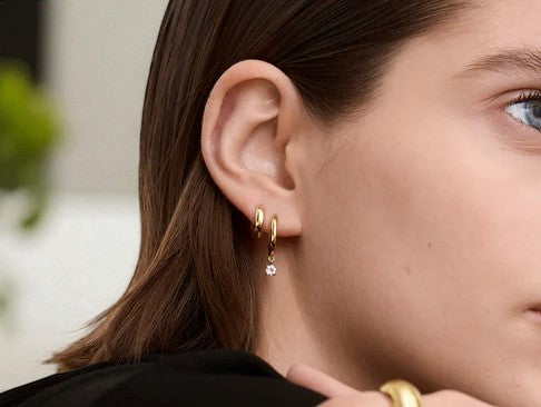 Round Cut Lab Grown Diamond Hoop Earrings • Gold Minimalist Drop Hoops
