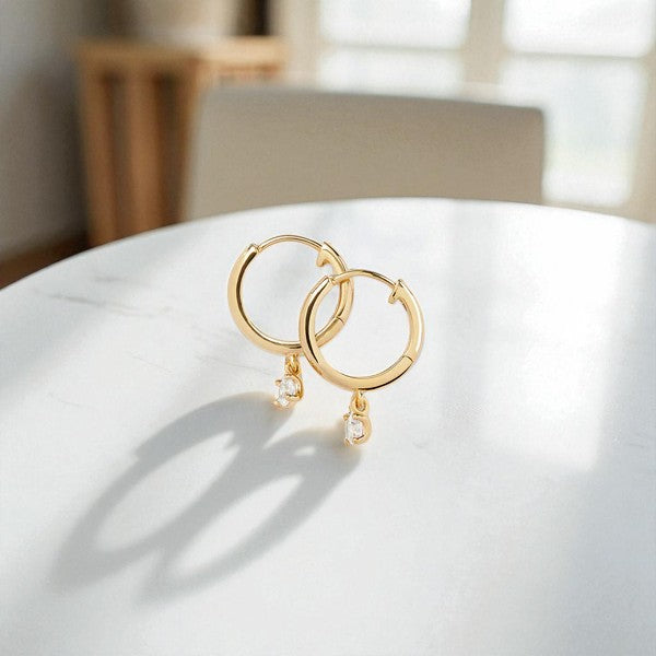 Round Cut Lab Grown Diamond Hoop Earrings • Gold Minimalist Drop Hoops