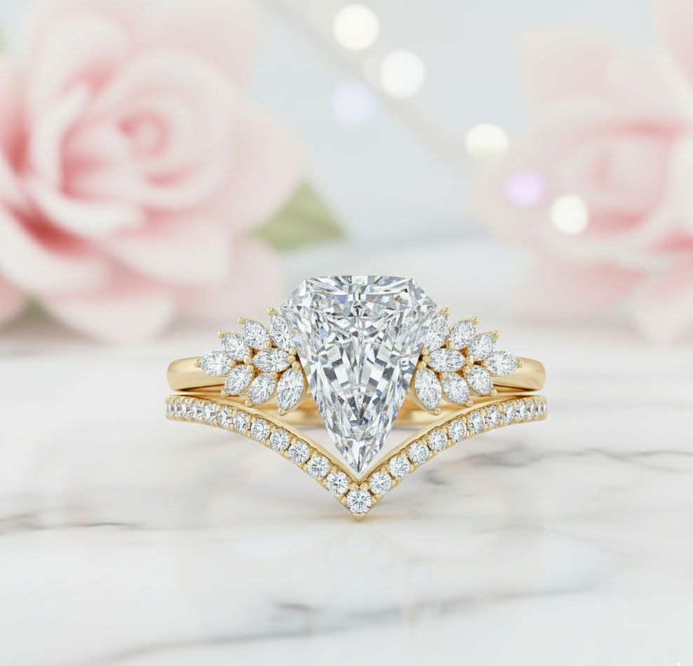 2.50 Ct Shield Cut Moissanite Ring Set – Chevron Wedding Band