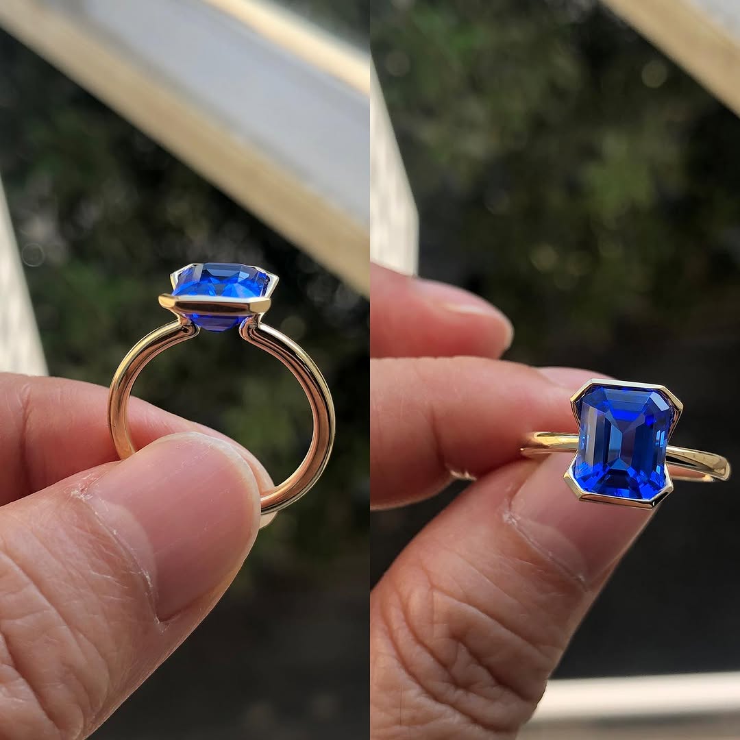 2.00ct Blue Emerald Cut Lab Sapphire Engagement Ring