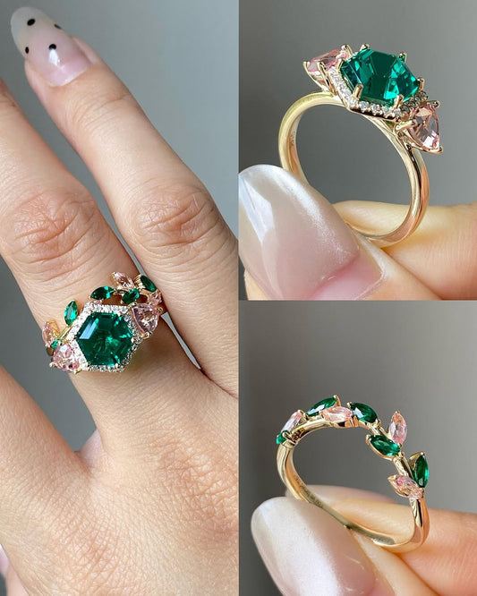 3.40ct Hexagon cut Green Sapphire Engagement ring set