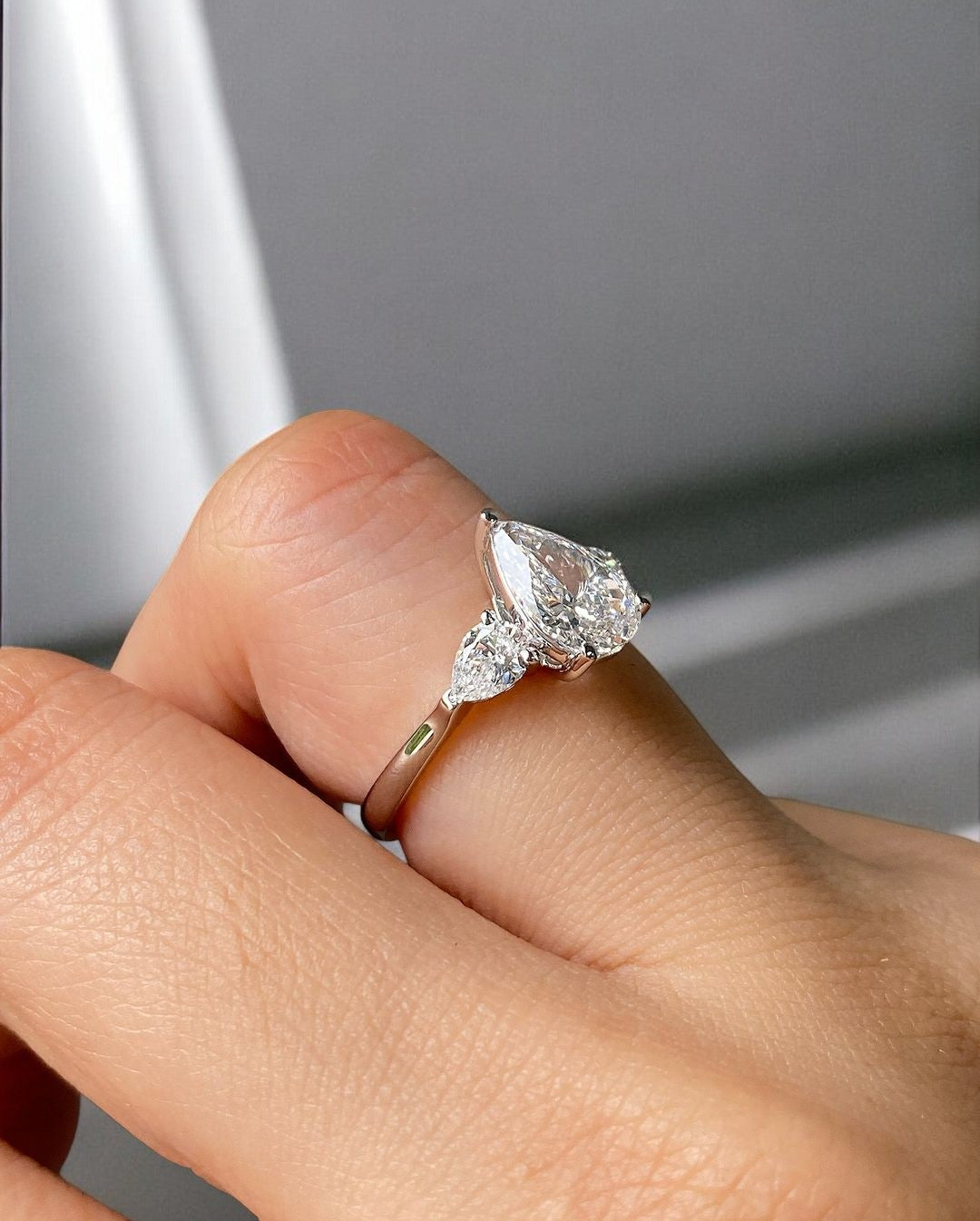 3.0ct Pear Shape Three Stone Natural Diamond Engagement Ring