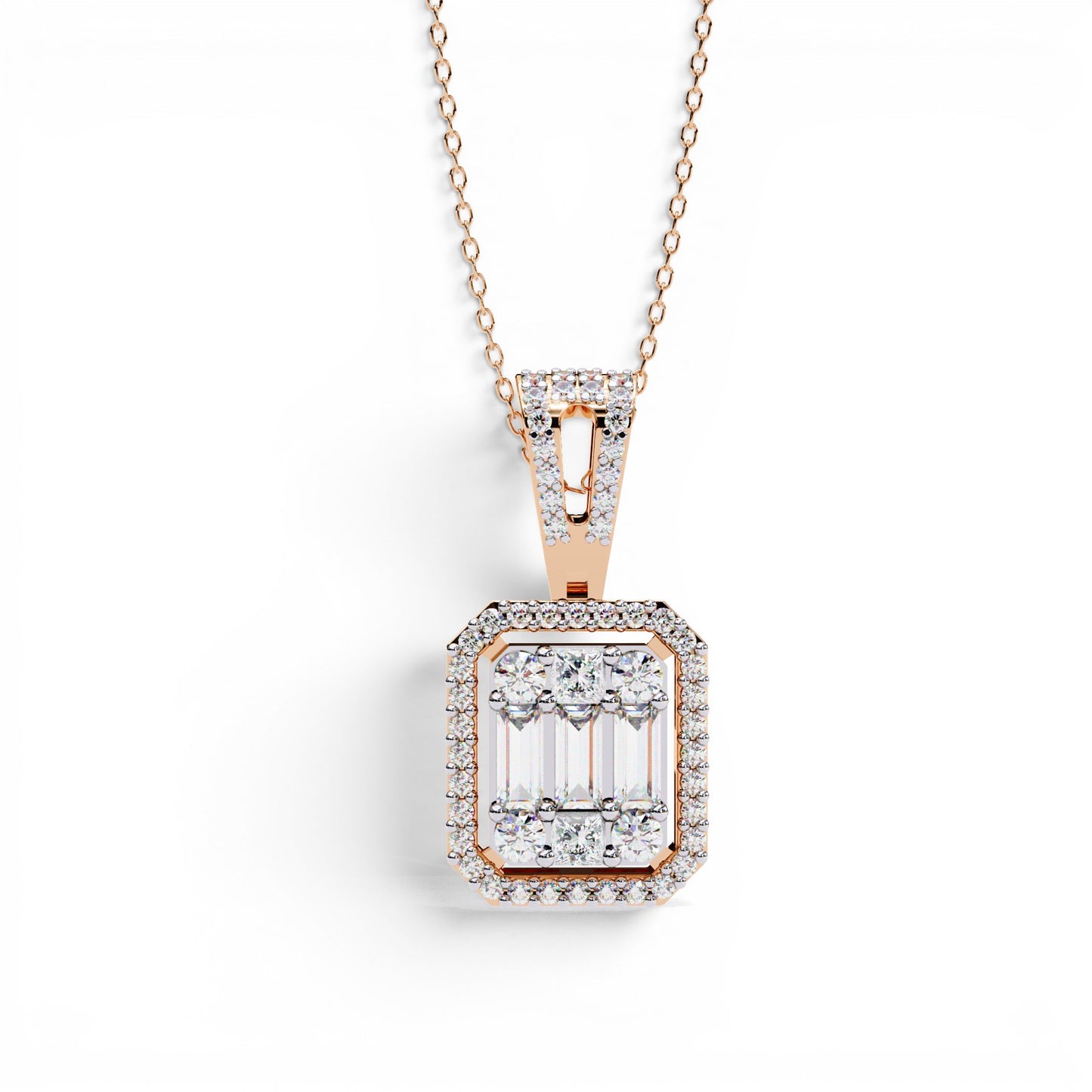 0.710ct Lab Grown Diamond Baguette Halo Pendant Necklace