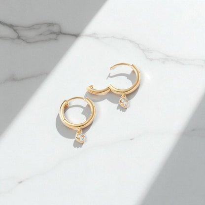 Round Cut Lab Grown Diamond Hoop Earrings • Gold Minimalist Drop Hoops