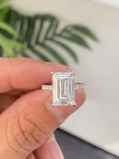 2 CT Emerald Cut Lab Grown Diamond Engagement Ring, Hidden Halo Diamond Ring