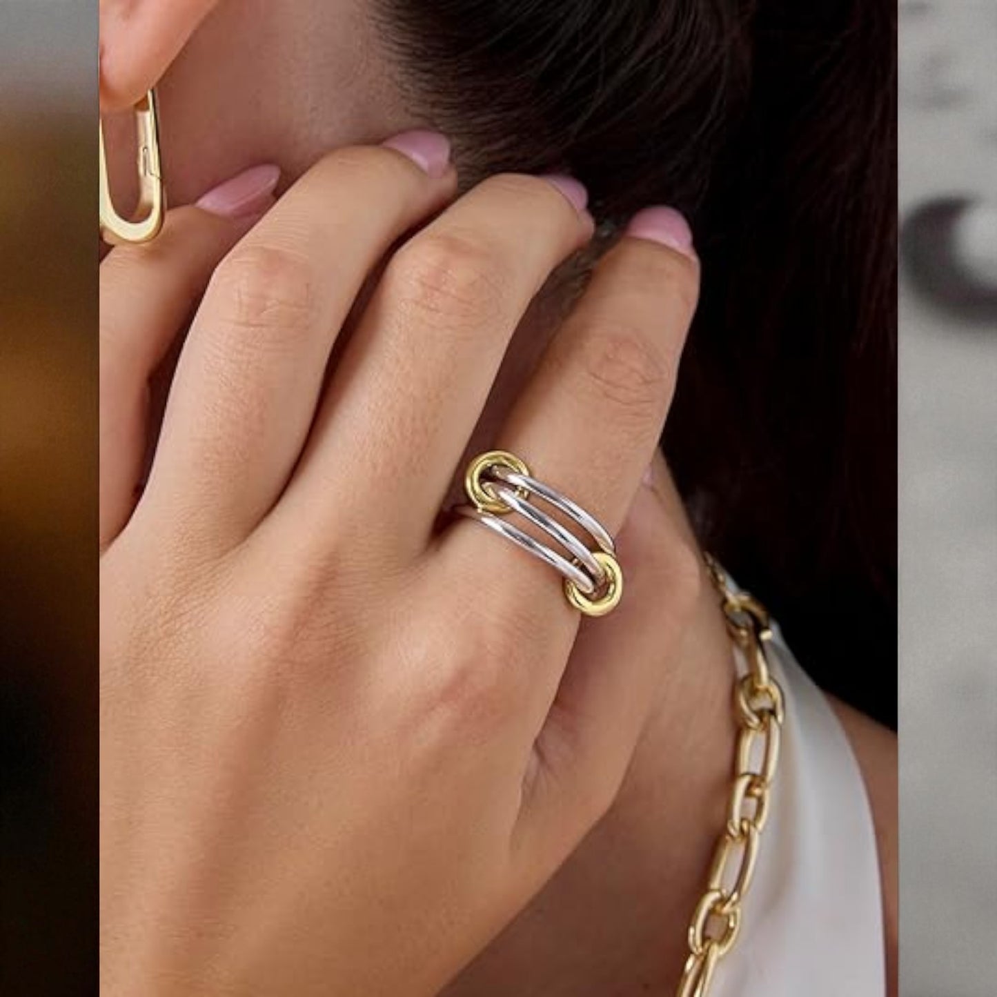 14K Solid Gold Two-Toned Multi Link Connector Ring Interlocking Connector Ring