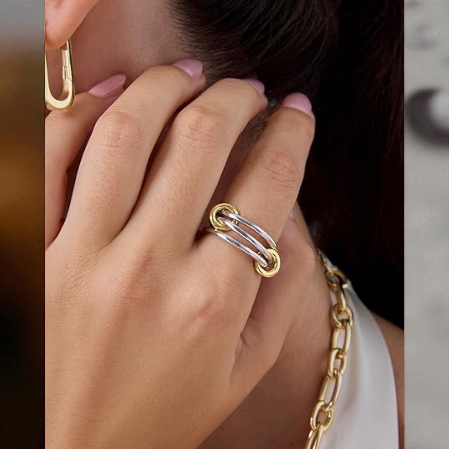 14K Solid Gold Two-Toned Multi Link Connector Ring, Multi Link Connector Ring