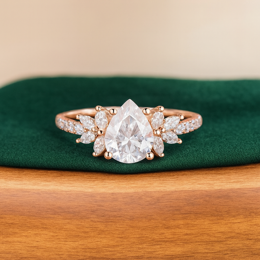 1.25 ct Pear Cut Lab Grown Engagement Ring • Vintage Floral Cluster Bridal Ring