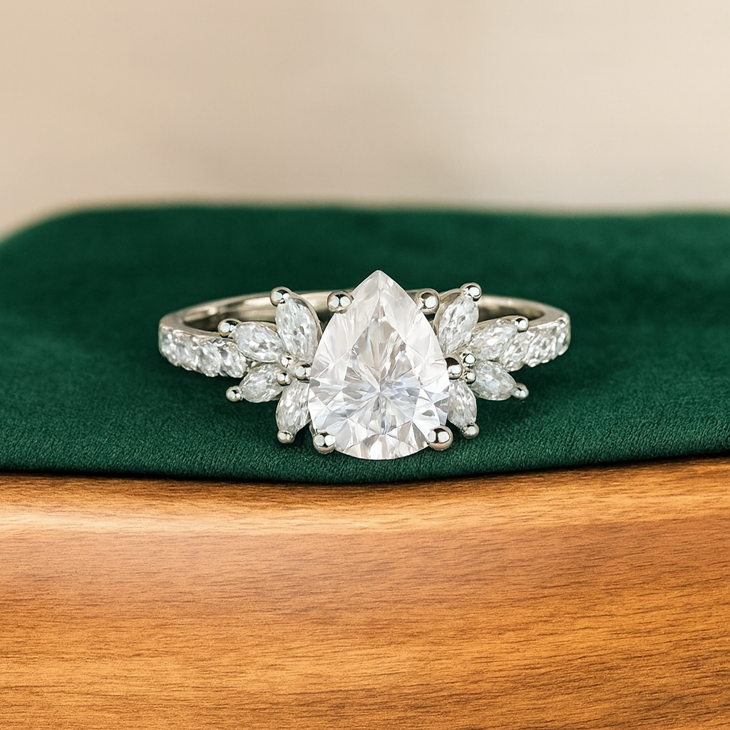1.25 ct Pear Cut Lab Grown Engagement Ring • Vintage Floral Cluster Bridal Ring