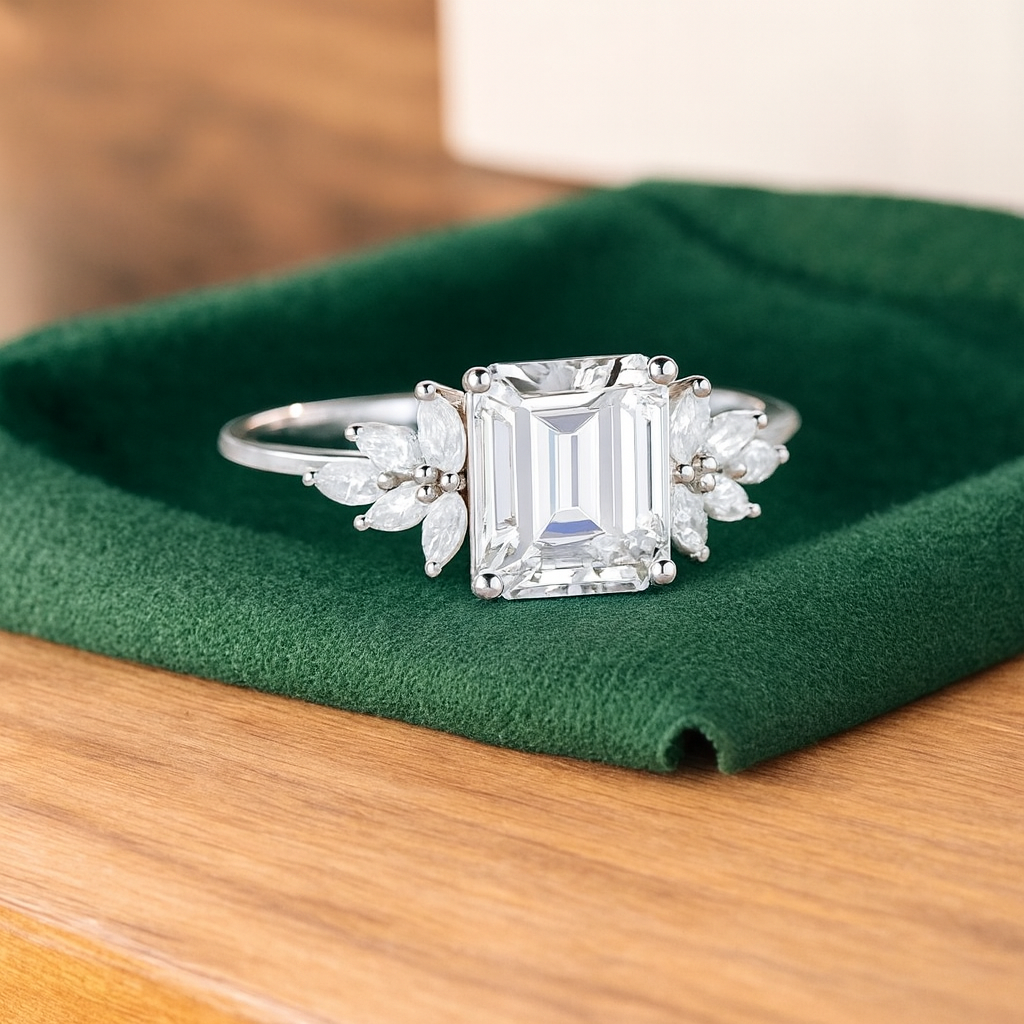 1.75ct Emerald Cut Lab Grown Diamond Floral Cluster Engagement Ring