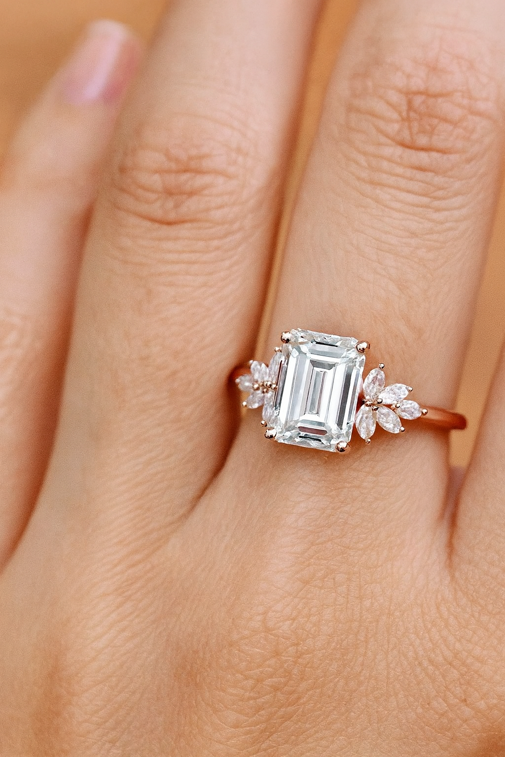 1.75ct Emerald Cut Lab Grown Diamond Floral Cluster Engagement Ring