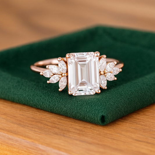 1.75ct Emerald Cut Lab Grown Diamond Floral Cluster Engagement Ring