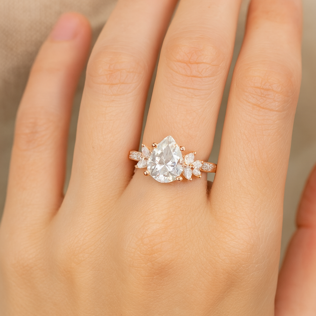 1.25 ct Pear Cut Lab Grown Engagement Ring • Vintage Floral Cluster Bridal Ring