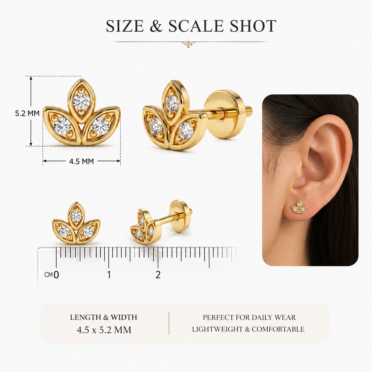 0.030ct Lotus Lab Grown Diamond Stud Earrings, 14K Gold